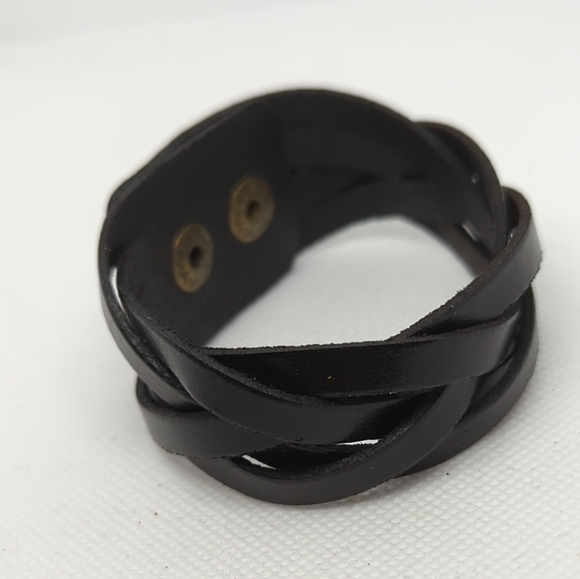 Black Braided 🖤Faux Leather Snap Cuff Bracelet Biker Southwest Style 8.5 inch - Picture 4 of 12